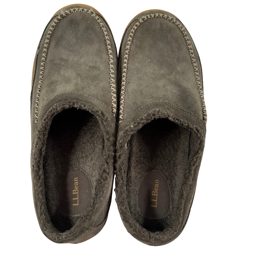L.L.‎ Bean Mountain Slipper Scuffs Mens Size 11 Gray Brown Suede Fleece Lining